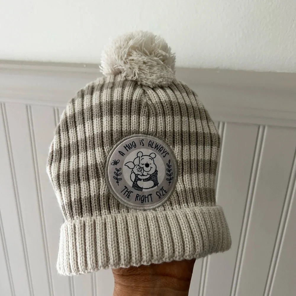 Disney Winnie The Pooh A Hug is Always The Right Size Cream Striped Beanie Hat